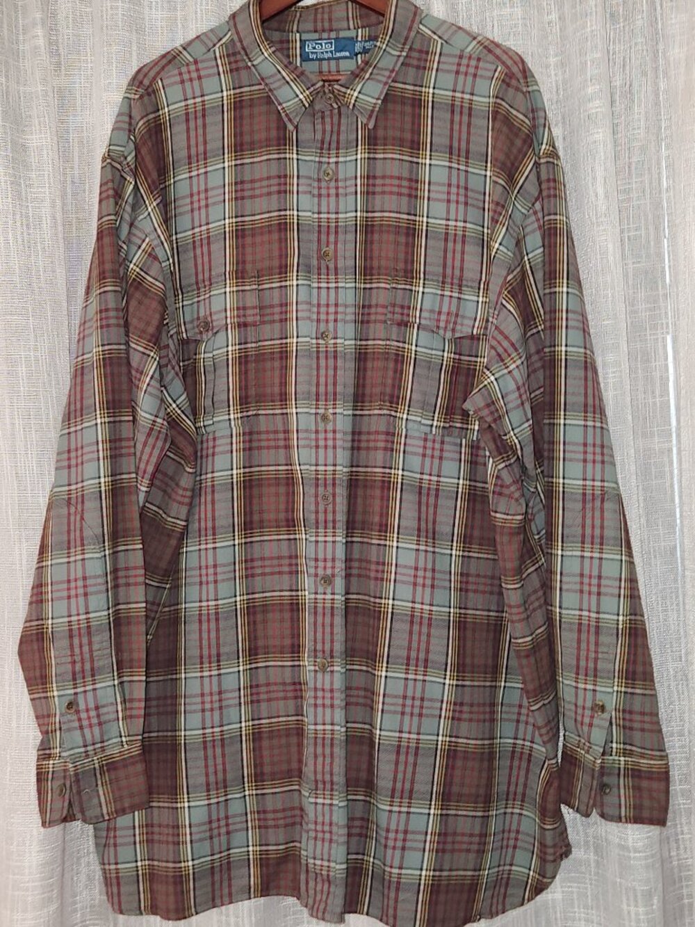 Polo by Ralph Lauren Men's Flannel Plaid Army Green & Burgundy Shirt
